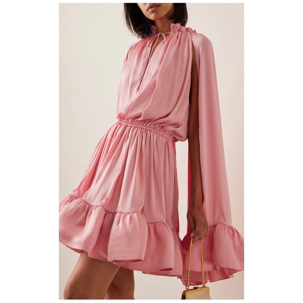 Alexis Lynda Pink Rose Satin Cape Sleeve Ruffle Mini Dress Size Large